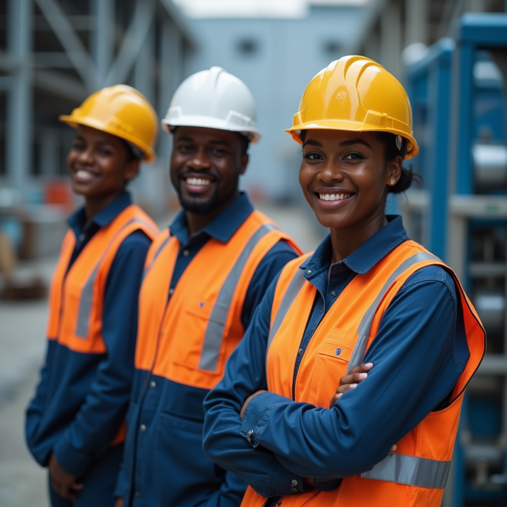 Ingénieurs électriques africains en tenue de chantier SITEC